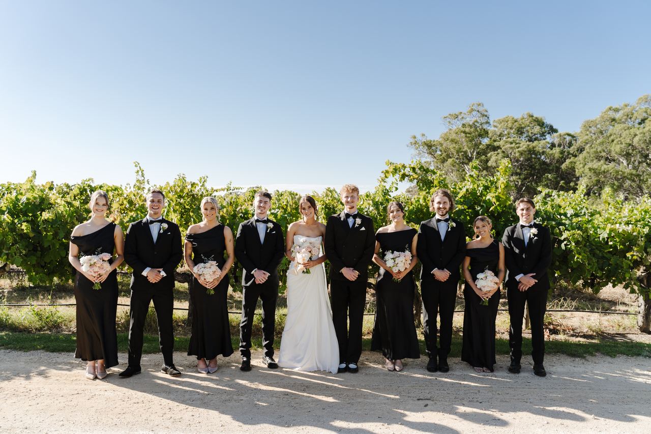The wedding party lined up in front of the vines