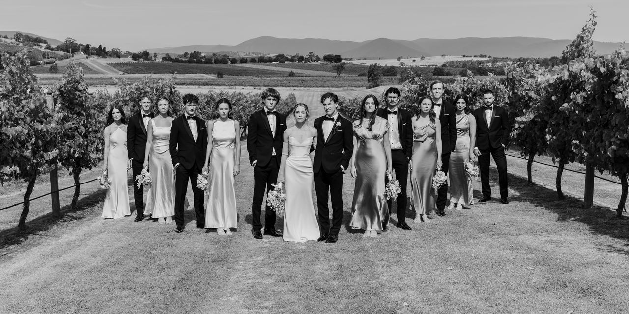 The wedding party walking through the vineyard
